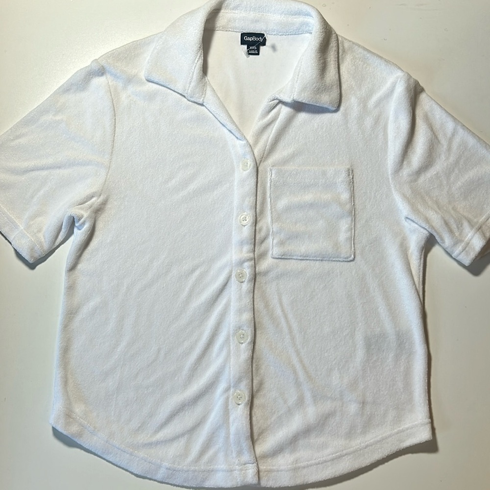 Gapbody White Terrycloth Collared Button Up Short Shirt Sz XXS C6